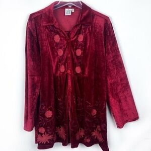 Parsley & Sage Velvet Embroidered Button Shirt Top Tunic 1X Burgundy Red